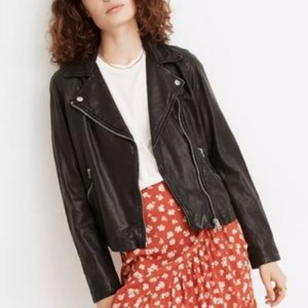 Madewell Washed Leather Motorcycle Jacket in Black size Small